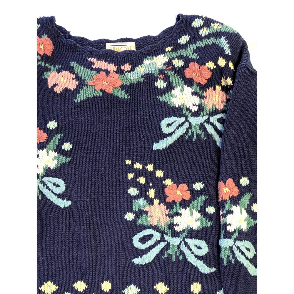 Ninon de Lenclos Vintage Navy Floral Bow Knit Sweater Ramie Cotton Womens Medium